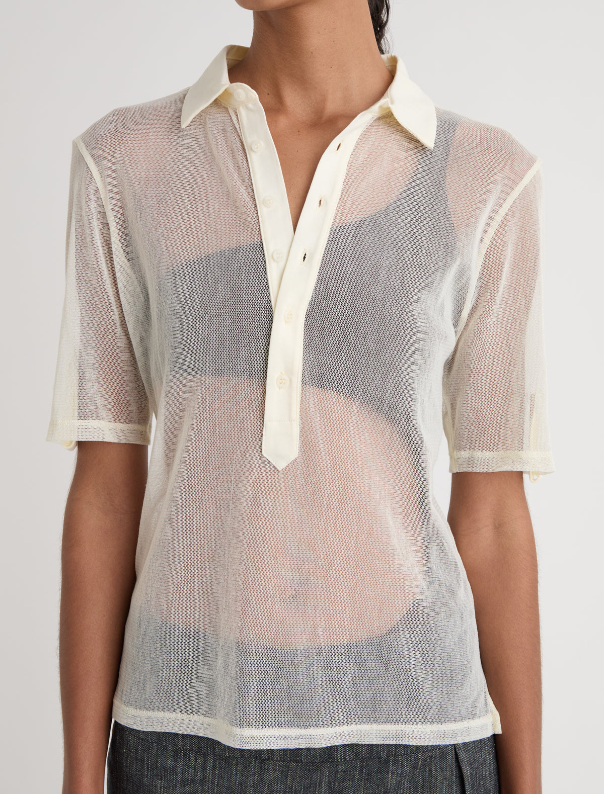 Sile tulle polo top cotton collar placket offwhite