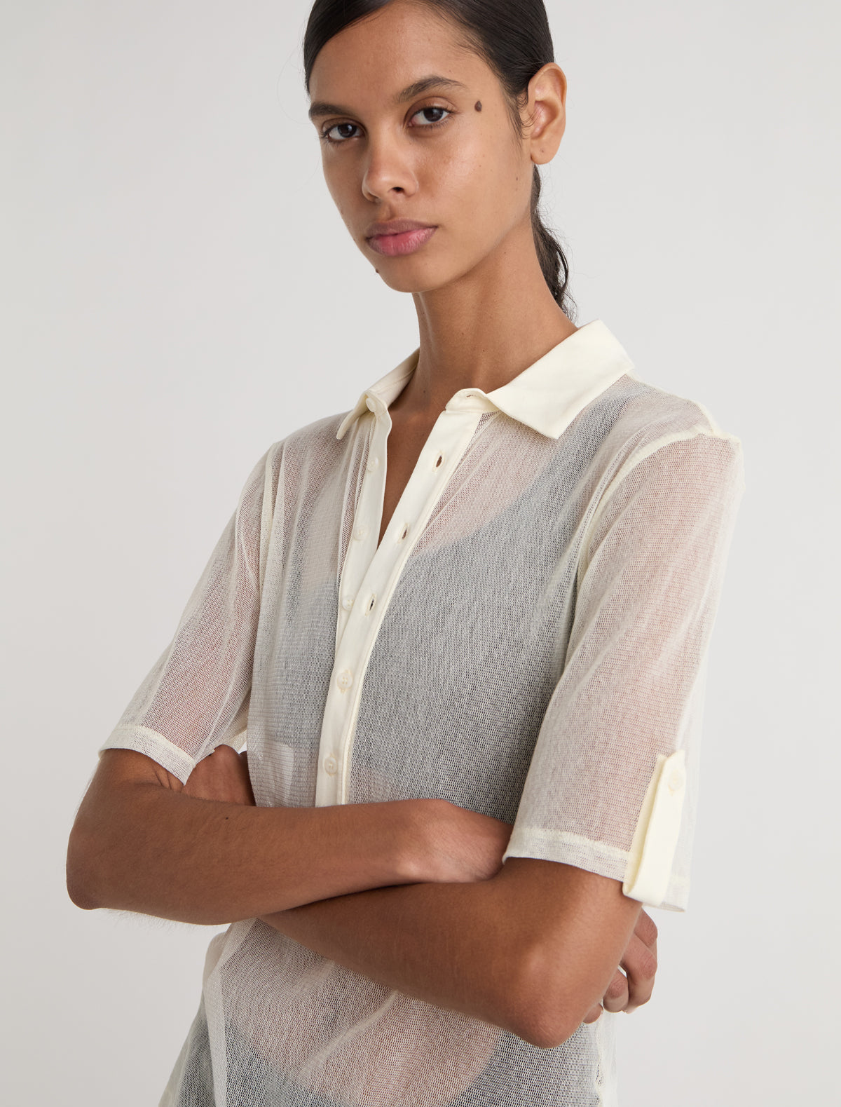 Sile tulle polo top cotton collar placket offwhite