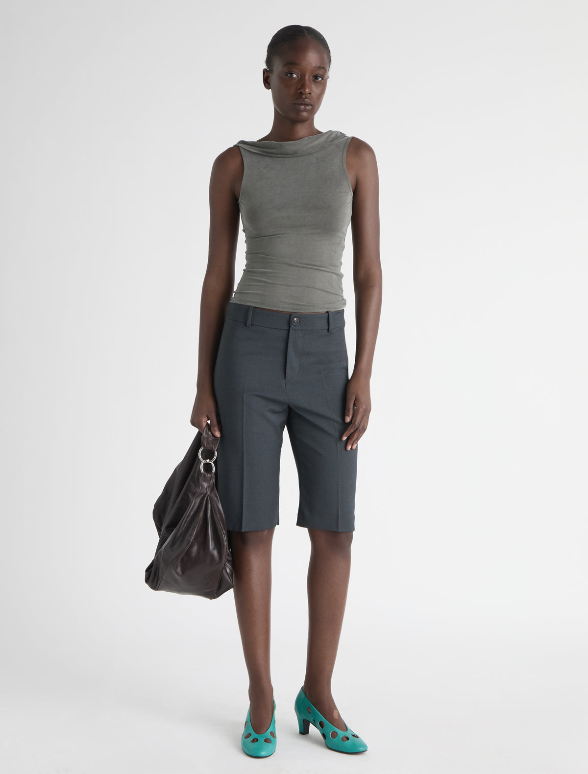 Taro cupro top open back draped piece khaki
