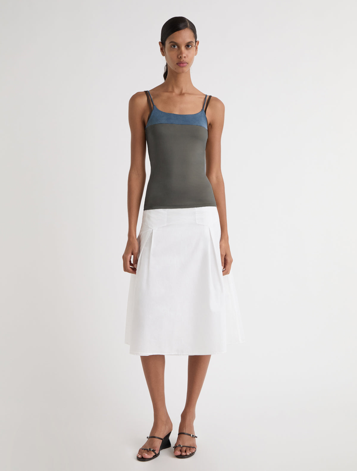 Zuno cupro strappy top contrasting panel chest khaki