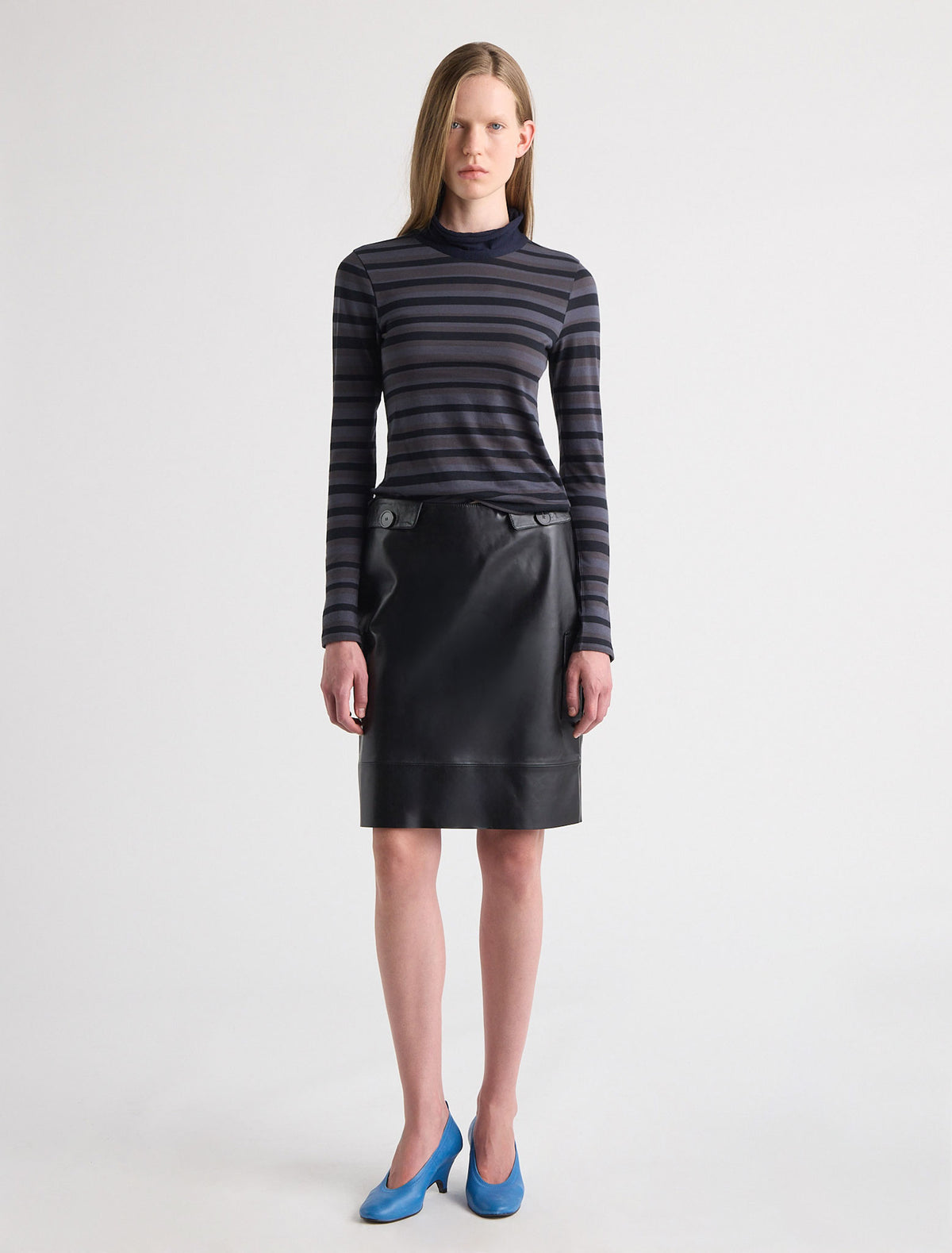 Sena striped long sleeve cotton top high knitted collar