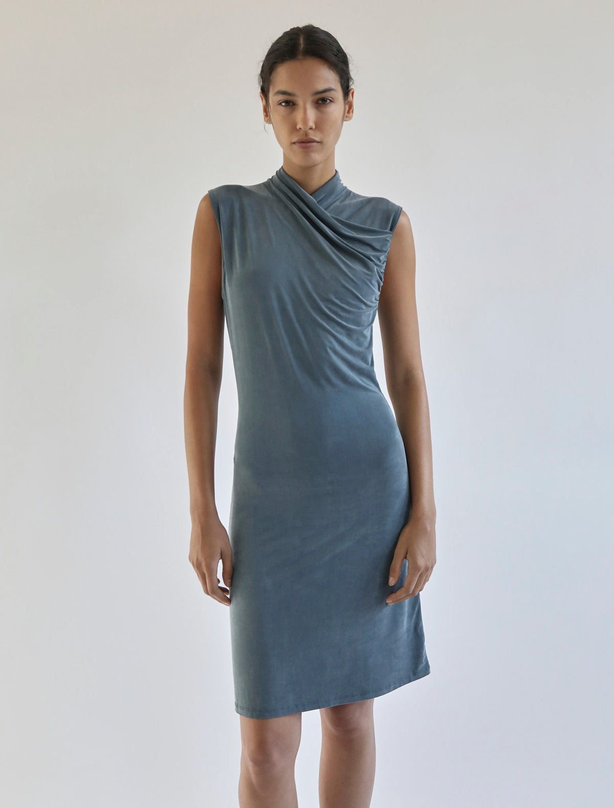 Such short dress draped wrap style neckline
