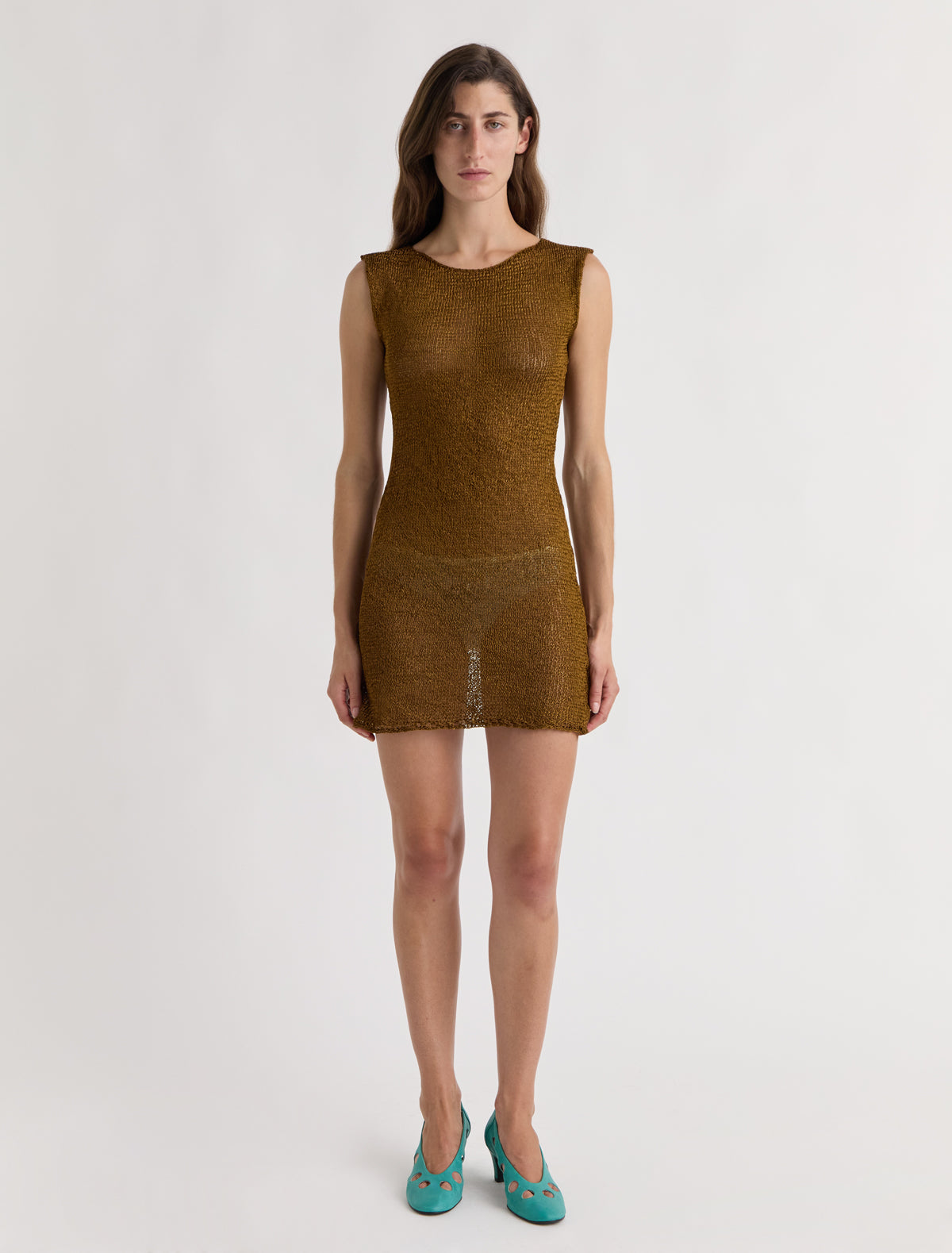 Austin short sleeve knitted mini dress boat neckline brown