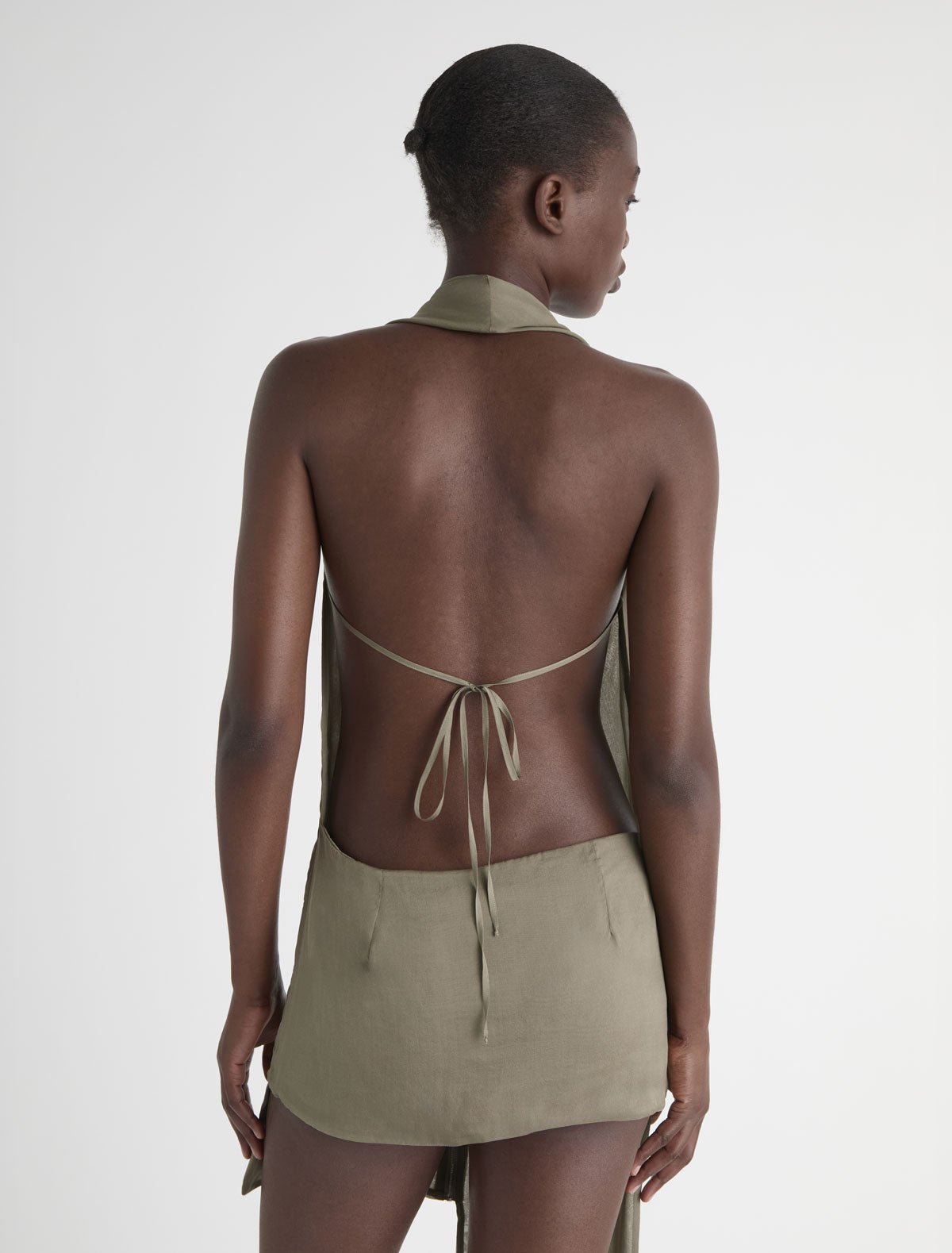 Jinno dress halter silk dress double slider front zip closure khaki