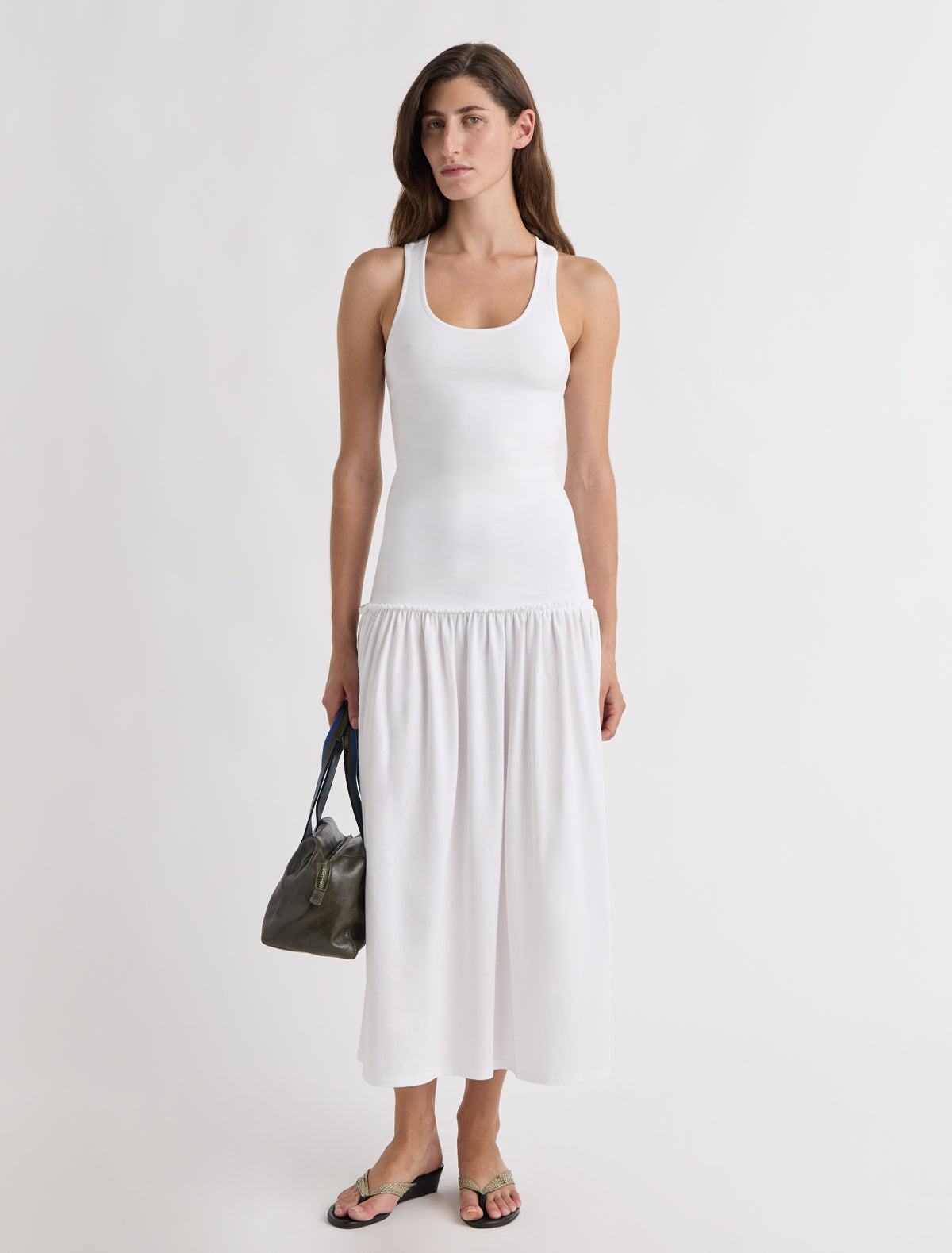 Juliana fitted long strappy dress racerback gathered detail hip white