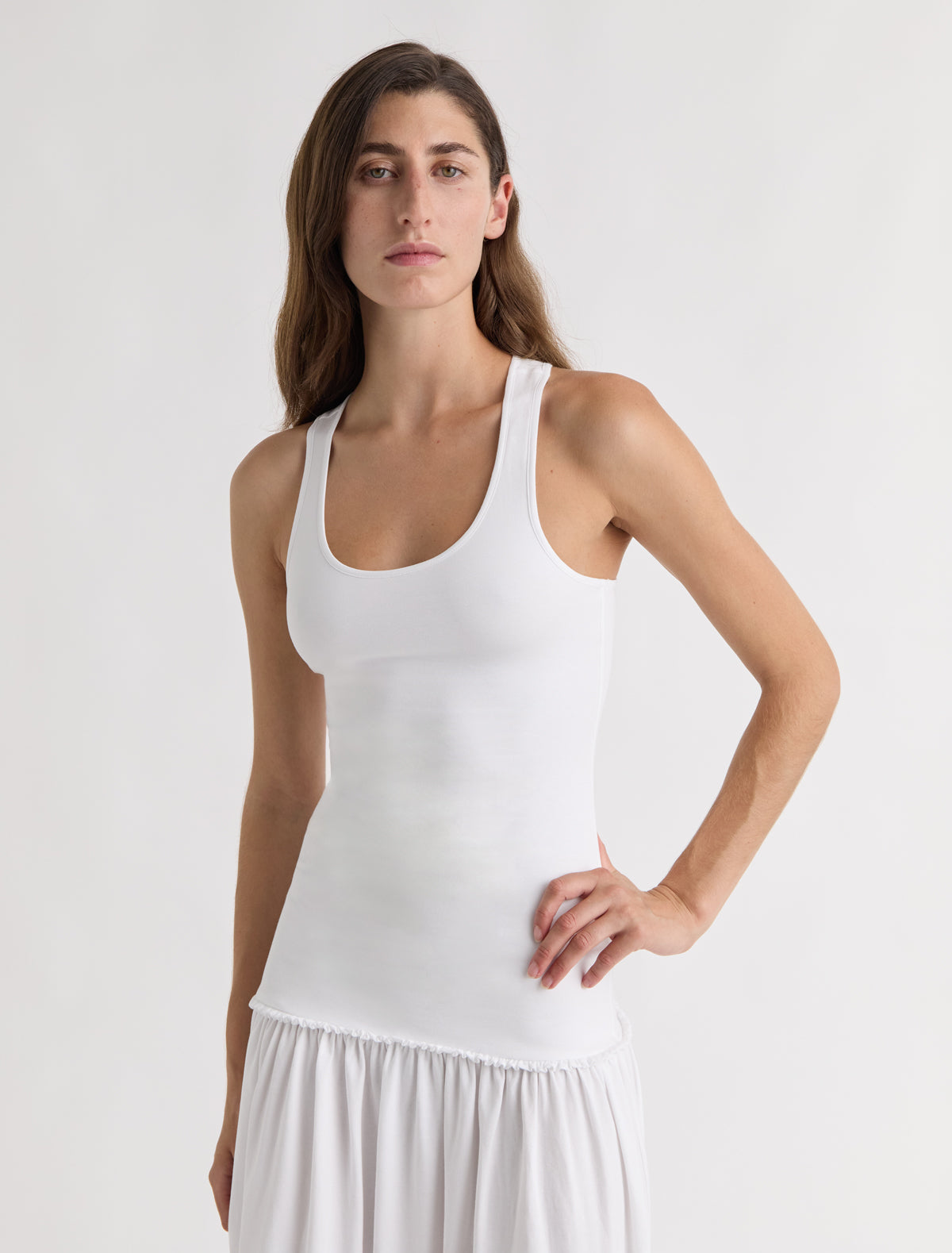 Juliana fitted long strappy dress racerback gathered detail hip white