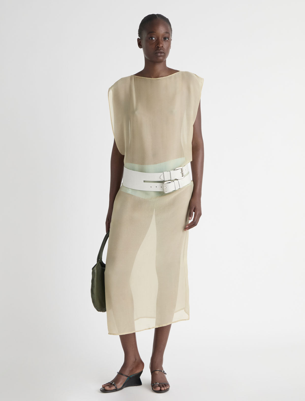 Long bibbit long straight dress double position design ecru
