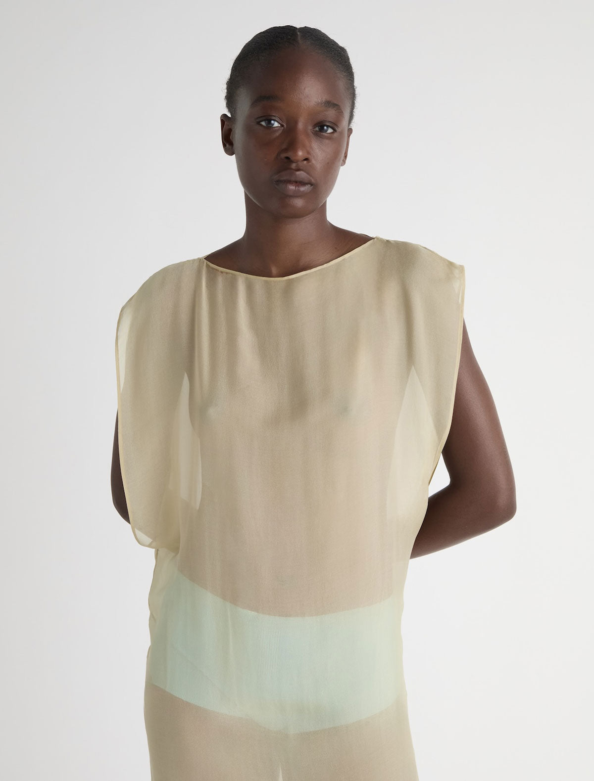 Long bibbit long straight dress double position design ecru