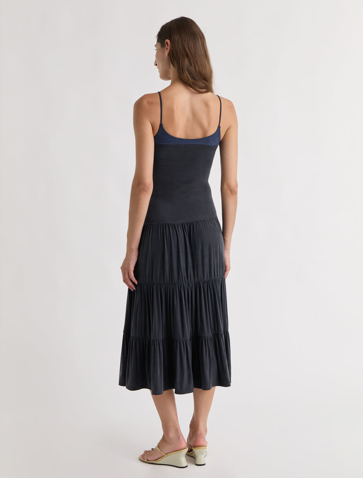 Naro long strappy cupro dress with ruffle detailing navy