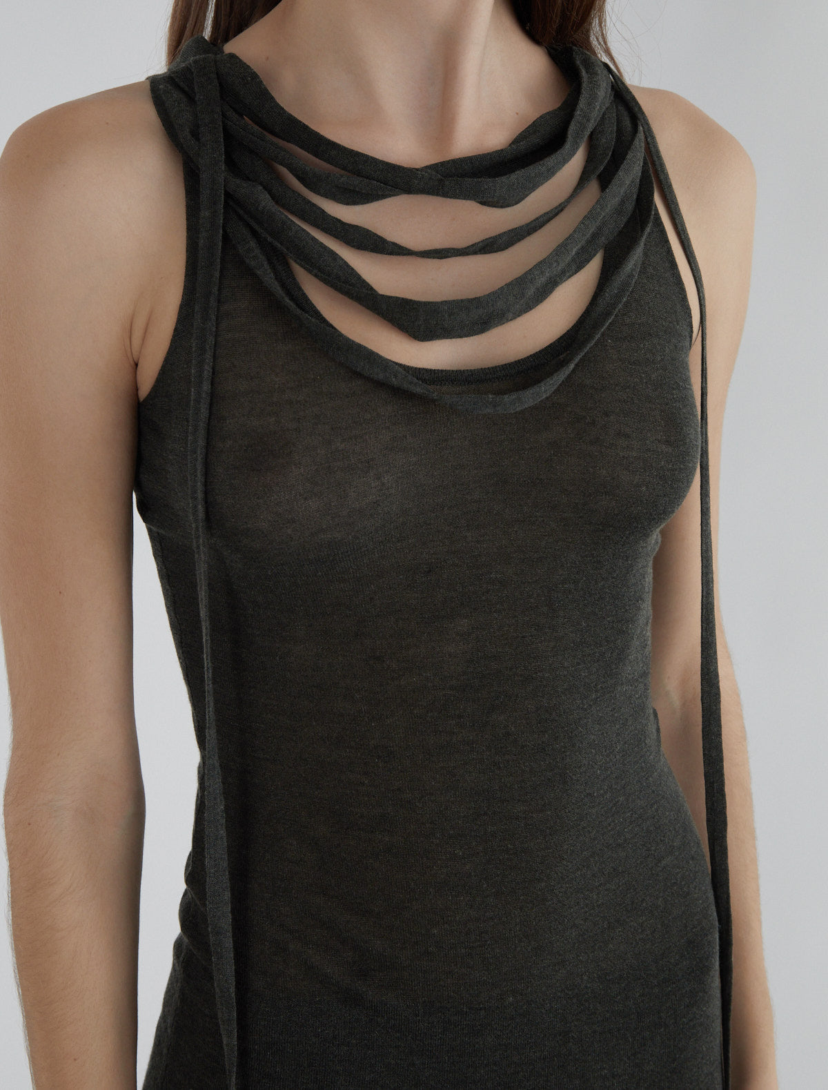 Oliveti sheer long dress straps shoulders faux necklaces khaki
