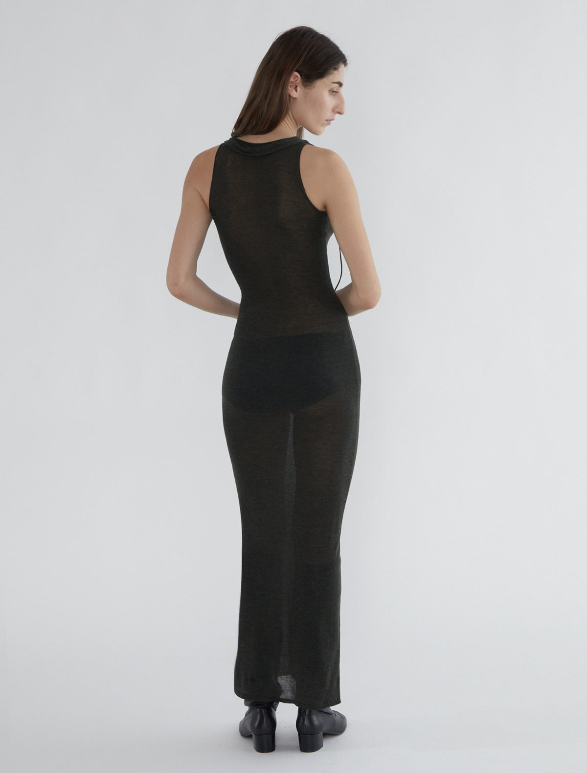 Oliveti sheer long dress straps shoulders faux necklaces khaki