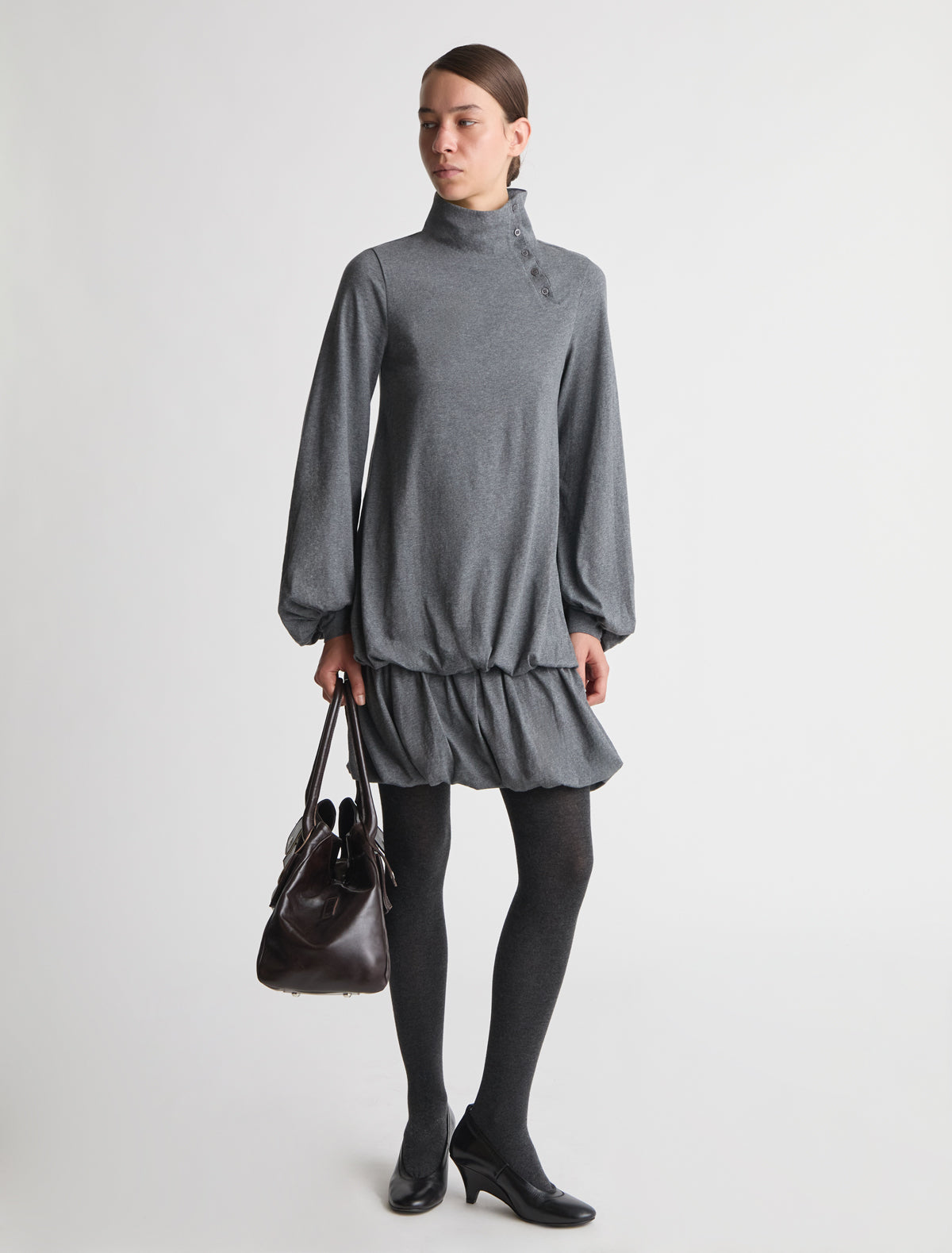 Sara dress drop waist cotton dress gathered voluminous shape grey