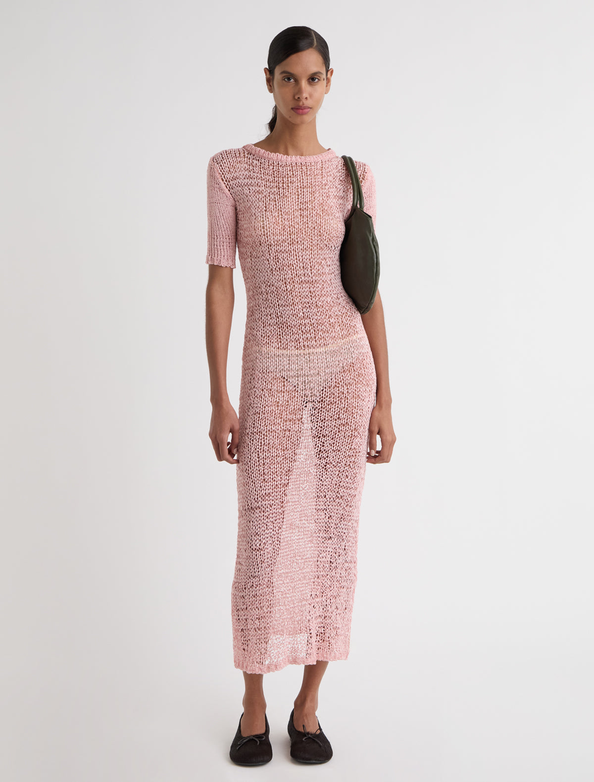 Vero long dress short sleeves neckline ruffled effect pink