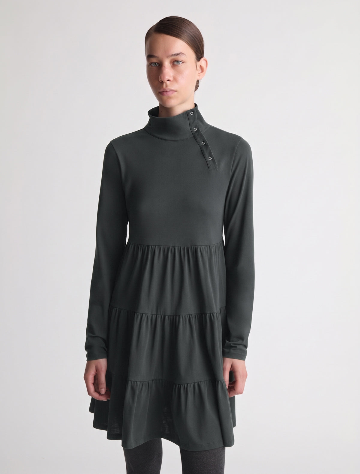 Vera long sleeve cotton dress high neckline off center placket khaki