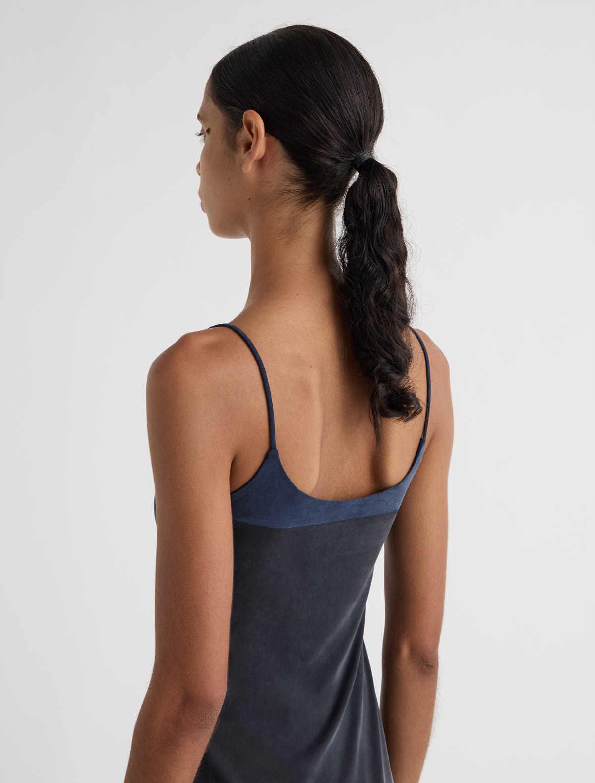 Zuno dress short strappy cupro dress contrasting panel chest navy