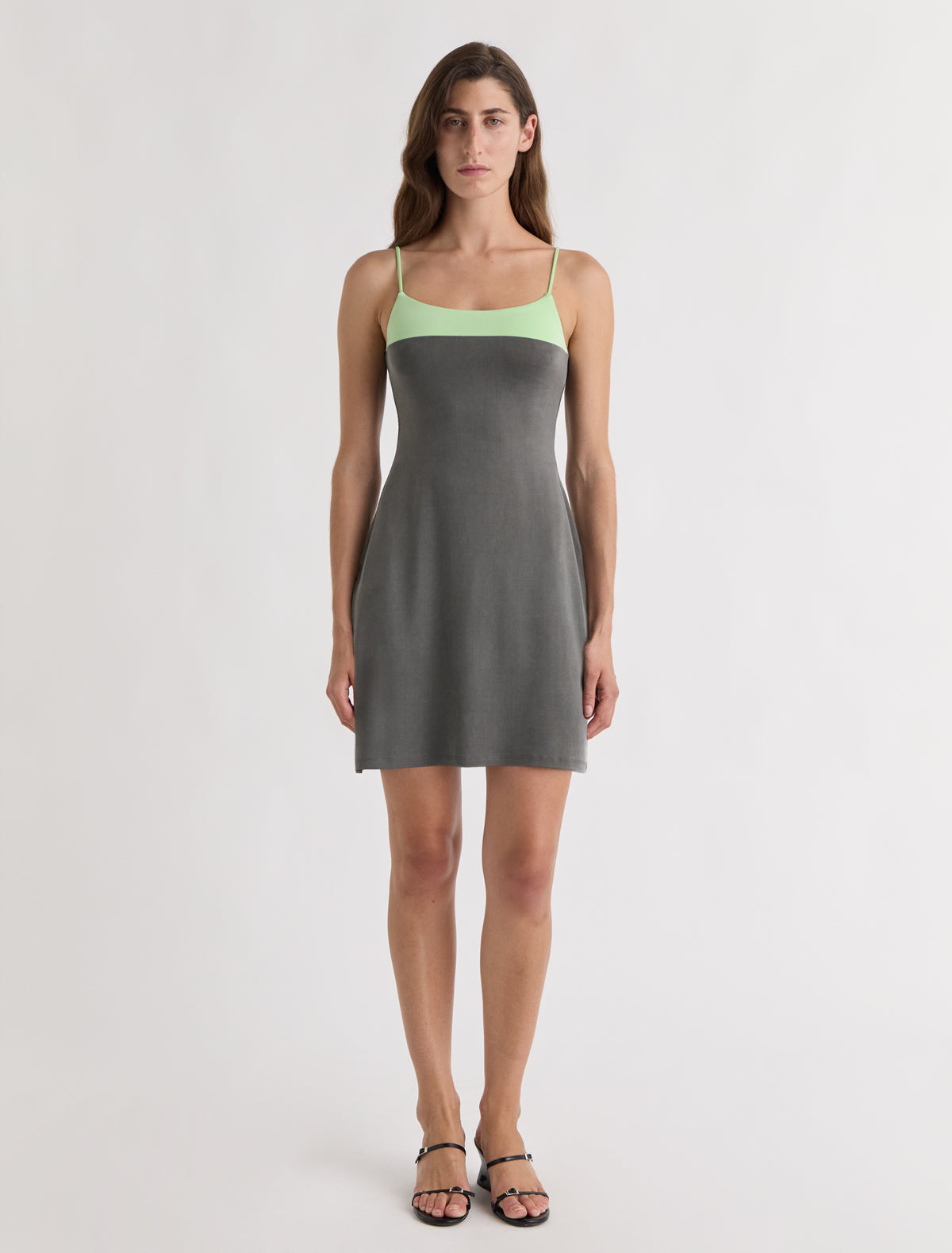 Zuno dress short strappy cupro dress contrasting panel chest khaki