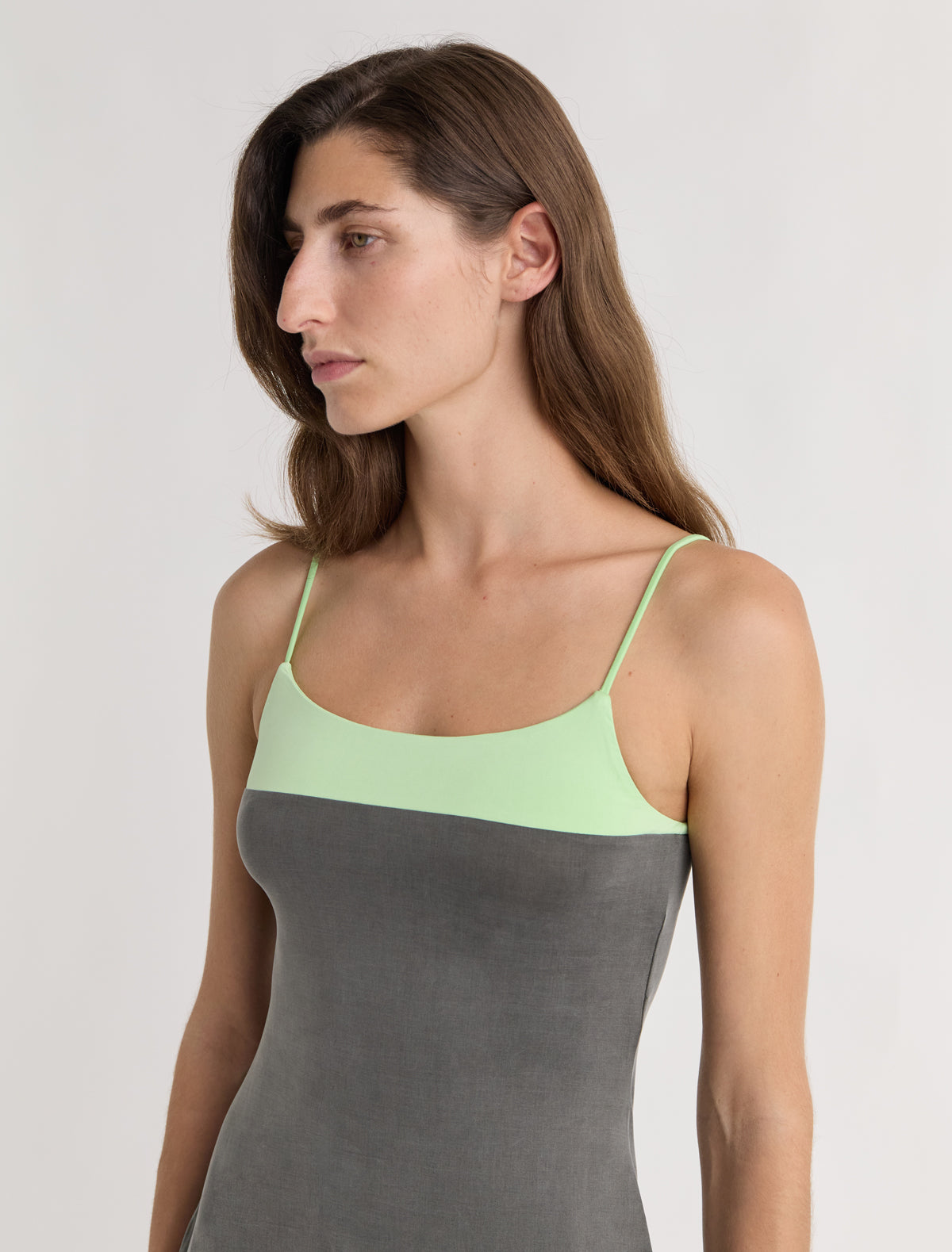 Zuno dress short strappy cupro dress contrasting panel chest khaki