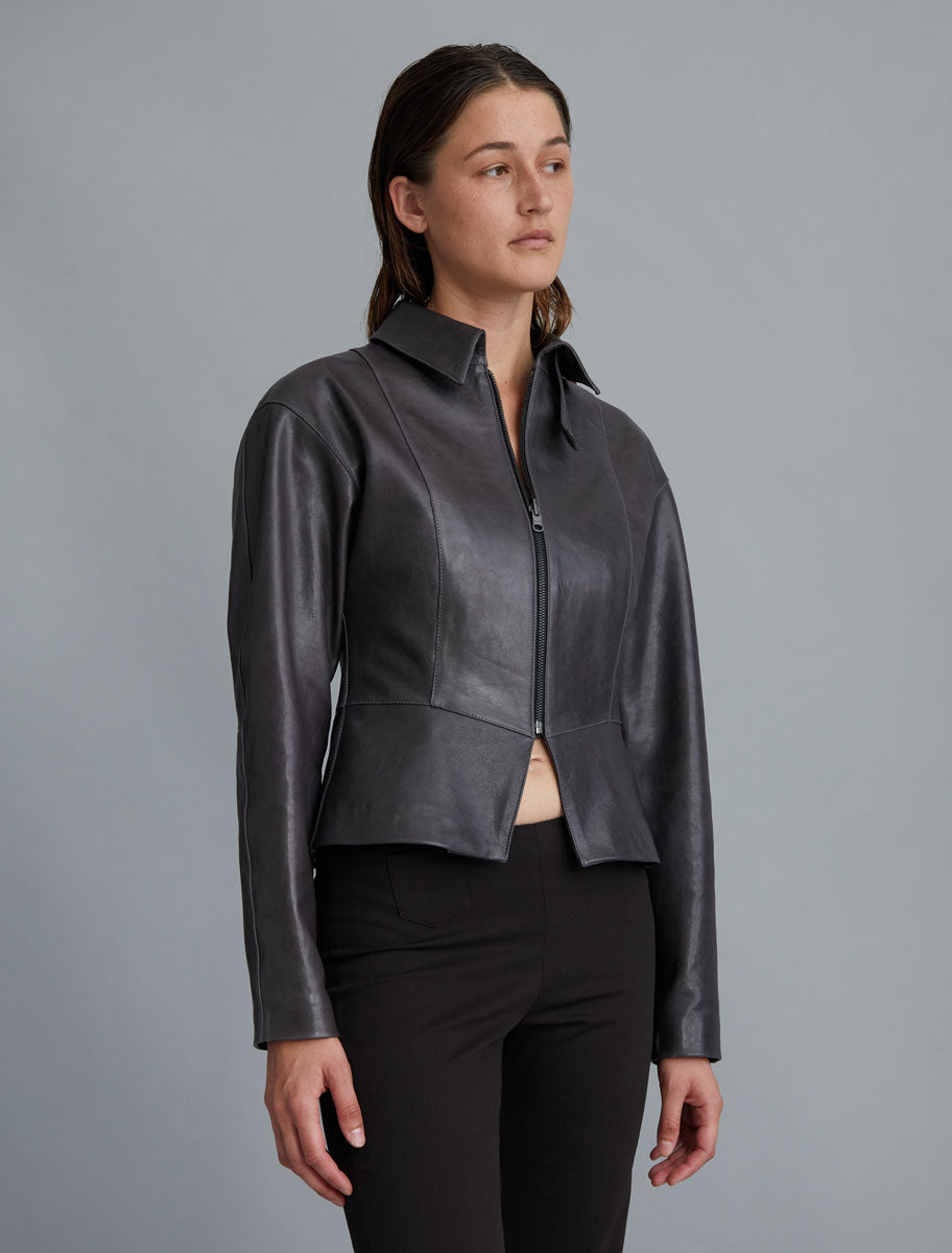 Fabia fitted waist leather jacket grey